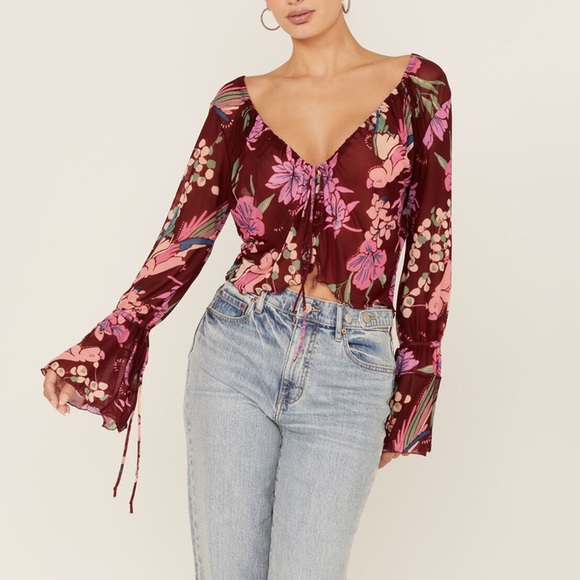 Free People Top Floral Print Of Paradise Tie Front Crop Boho Blouse Burgundy - Picture 4 of 12